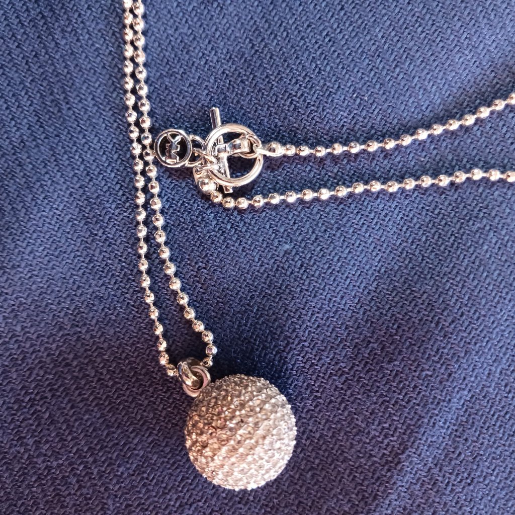 Michael Kors Pendant Silver Pave Sparkly Ball W Crystal Rhinestones 30" Chain